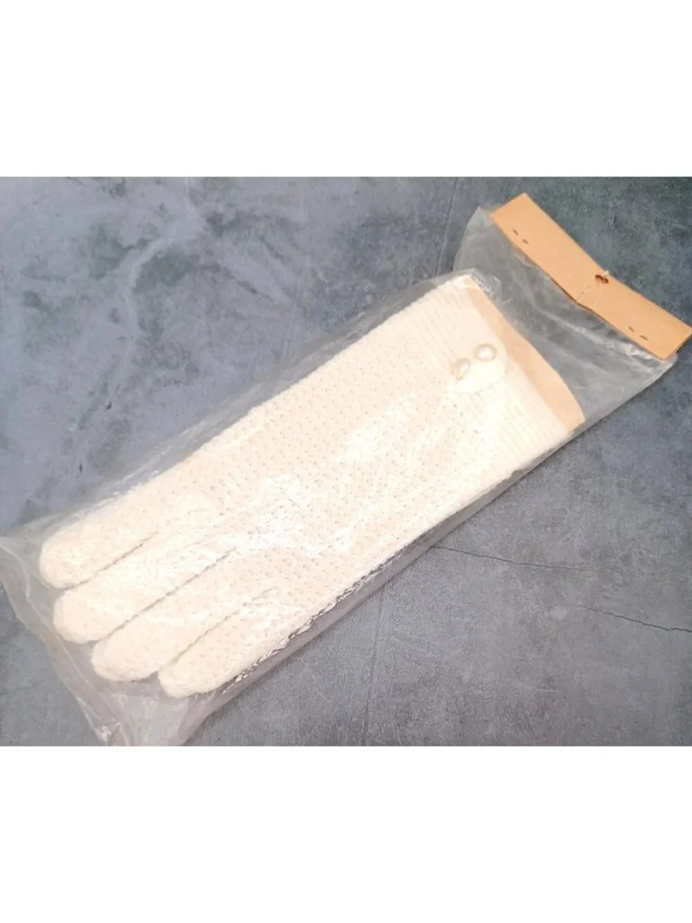 Cream White Fishnet Stretch Gloves /Pearl Buttons Formal 7.5